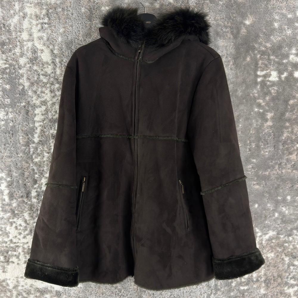 1 Madison Size Medium Faux Suede Fox Fur Trim Hooded Parka Coat Brown Long Women